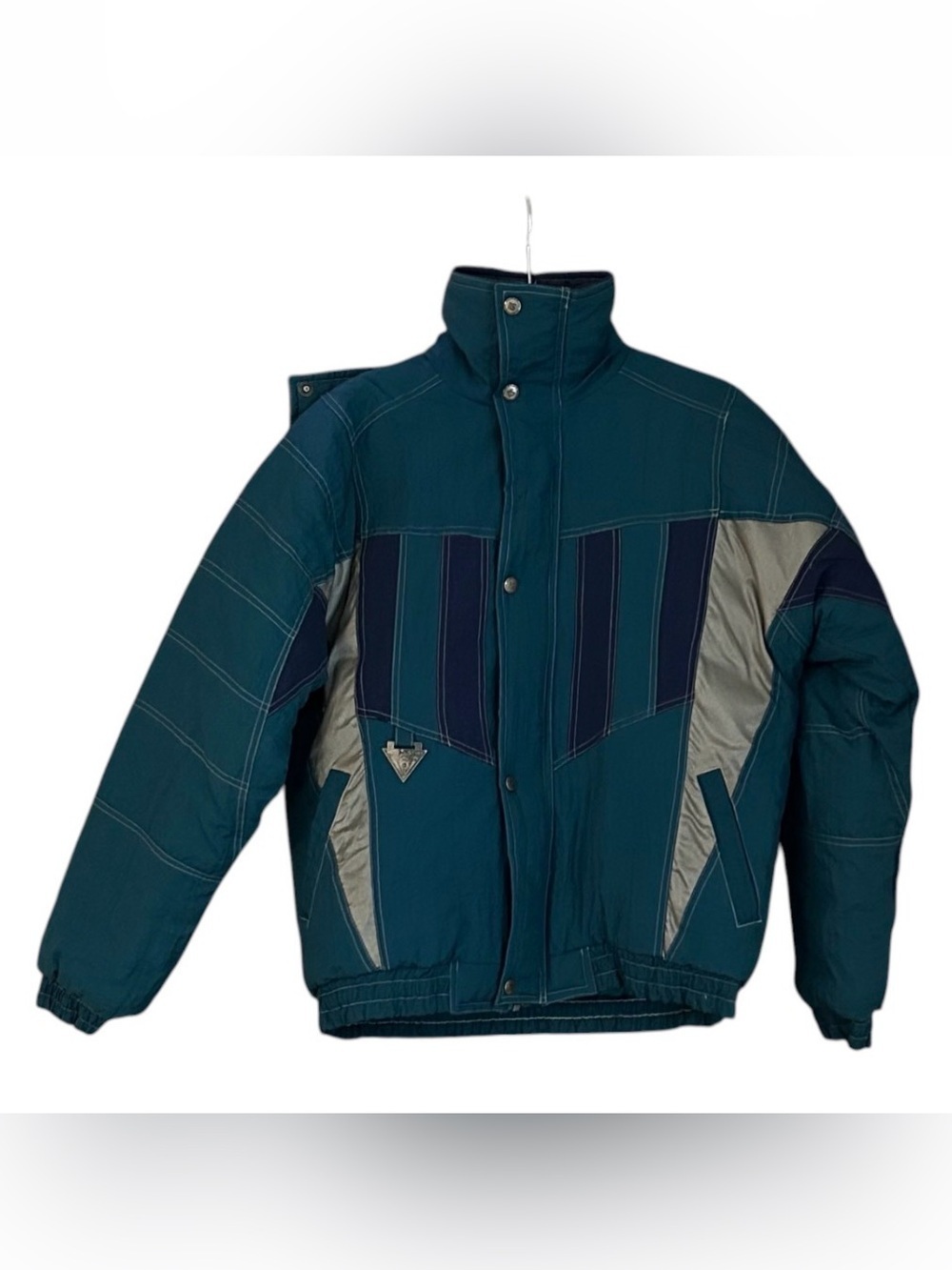Vintage 90s Ruff Stuff Club Ski Jacket Colorblock Teal Graphic Back Unisex